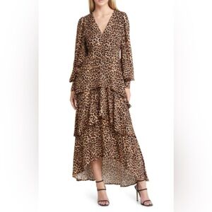 Tiered Ruffle Leopard Print High/Low Maxi Dress